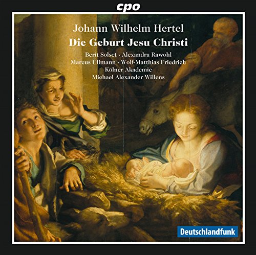 "CD cover with Nativity scene painting and white text on black background."