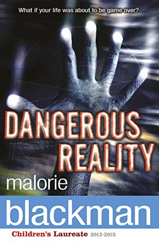 "Book cover with a glowing handprint and title 'Dangerous Reality' by Malorie Blackman."