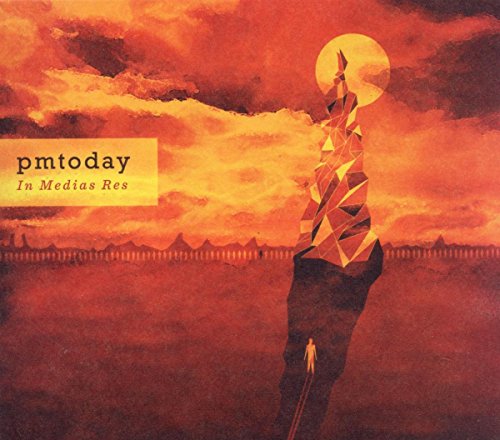 "Album cover art featuring a geometric figure and a small person against a red sky."