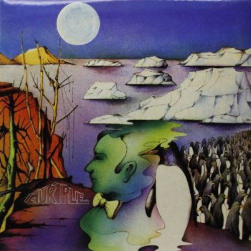 "Album cover art featuring a surreal, dreamlike scene with penguins, icebergs, and a full moon."