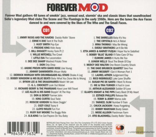 "Album cover with 'Forever Mod' title, featuring men on scooters and artist names."