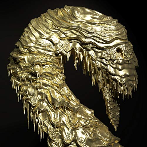 A gold, abstract, swan-like sculpture with wavy, dripping texture against a black background.