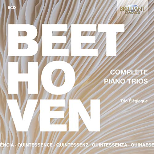 "CD cover featuring Beethoven's name and 'Complete Piano Trios' on a beige, textured background."