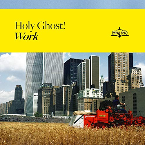 "Album cover with a man operating red farm equipment in a field, city skyline behind."