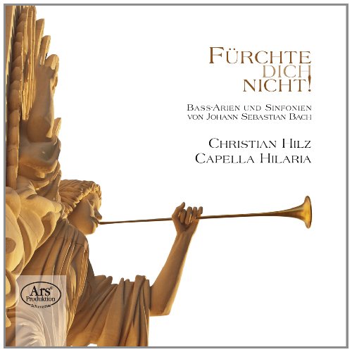 CD cover with golden angel blowing a trumpet, white background, and text in German.