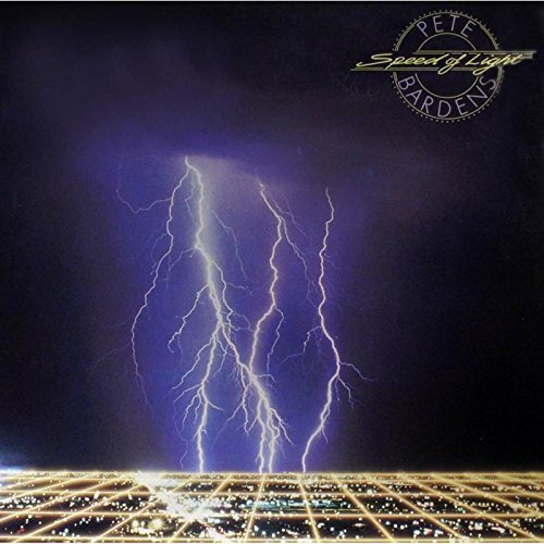 "Album cover with lightning over a cityscape at night, Pete Bardens 'Speed of Light' title."