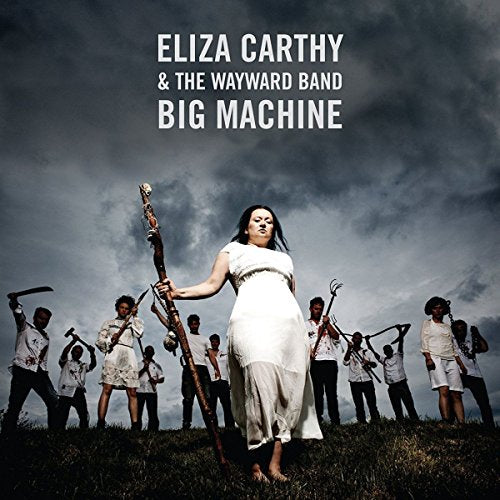 Woman in white dress holding staff, surrounded by men with weapons, under a dark sky.