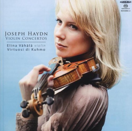 "Woman with blonde hair holding a violin against a light blue background."