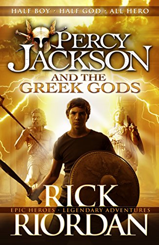 "Book cover featuring Percy Jackson holding a sword and shield, with lightning in the background."