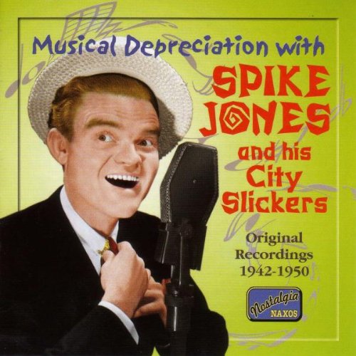 "CD cover featuring Spike Jones in a hat, holding a microphone, on a green background."