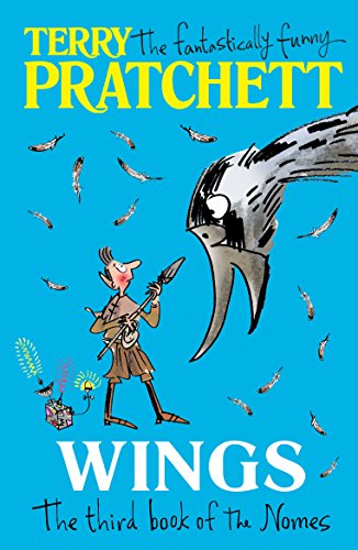 "Wings" book cover featuring a cartoon character and a large bird on a blue background.