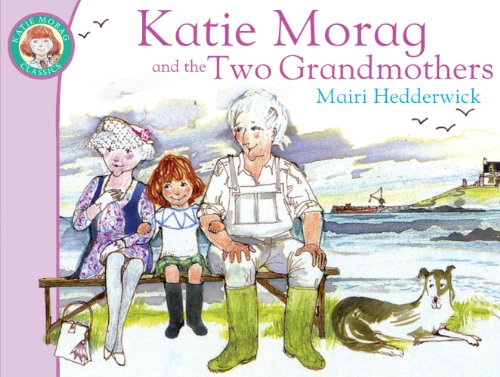 "Katie Morag" children's book cover featuring a girl with two older women and a dog.