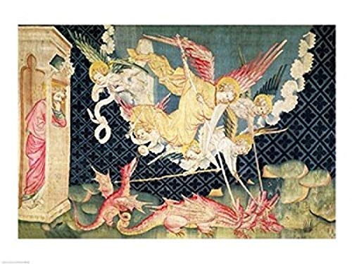 Angels with swords battle a red dragon in a patterned landscape.