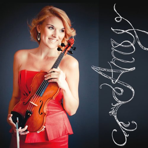 A woman in a red dress holding a violin against a dark background.