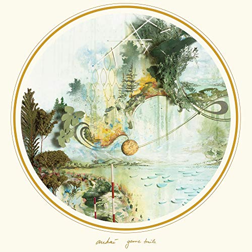 A circular vinyl record cover with abstract forest and water scene, gold border.