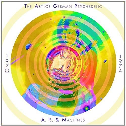 Album cover with multicolored spiral design and central figure surrounded by abstract shapes.