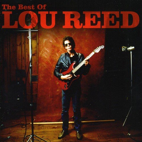 "Album cover featuring Lou Reed holding a red guitar on a dimly lit stage."
