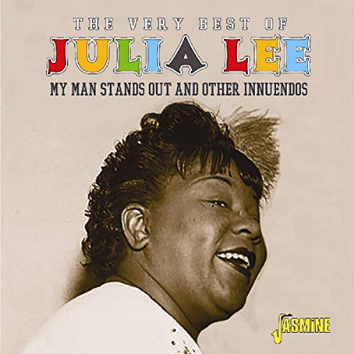 "CD cover featuring a sepia-toned portrait of Julia Lee with multicolored text."