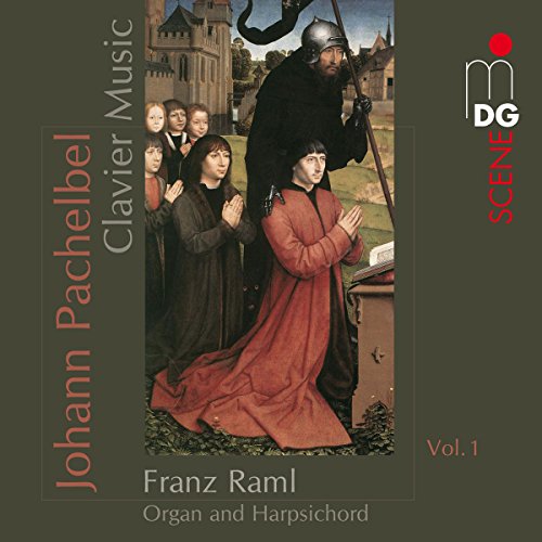 "CD cover with medieval painting of robed figures and a knight, on olive green background."