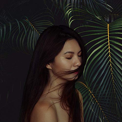 The image depicts a woman with long dark hair surrounded by palm fronds. Alt text: Woman with dark hair amidst large green palm leaves.