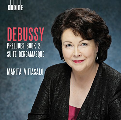 CD cover with a woman in black jacket and red top, text "Debussy Preludes".