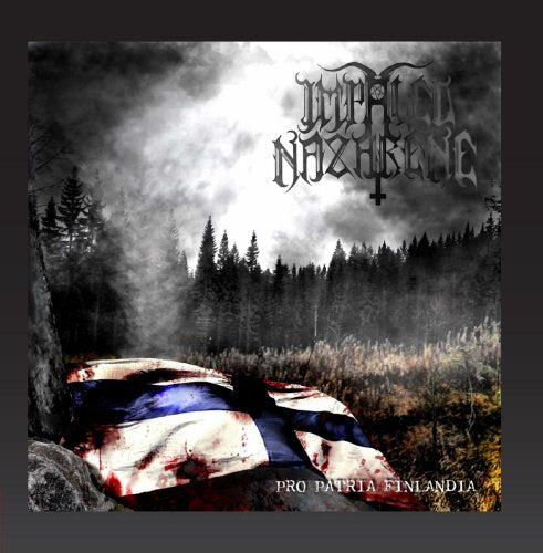 "Album cover with a bloody Finnish flag in a dark forest scene."
