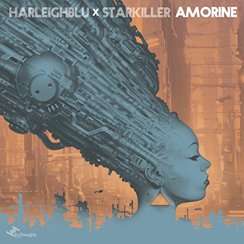 A woman's profile with a robotic, futuristic hairstyle, against an orange cityscape background.