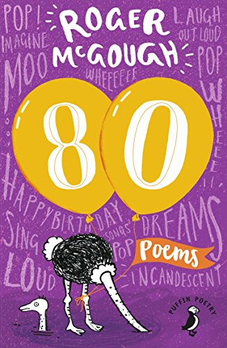 The image depicts a purple book cover with yellow balloons and cartoon ostriches.