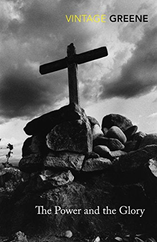 "Book cover of 'The Power and the Glory' featuring a church with a cross."