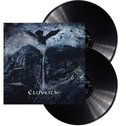 "Dark album cover with a raven flying over a waterfall between mountains."