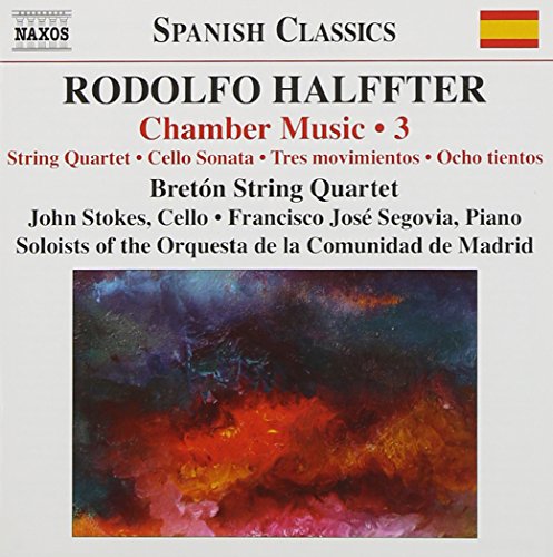 "Album cover with abstract painting and text describing Rodolfo Halffter's chamber music."
