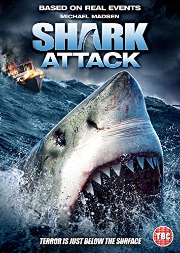 DVD cover for "Shark Attack" featuring a bloody shark emerging from the ocean.