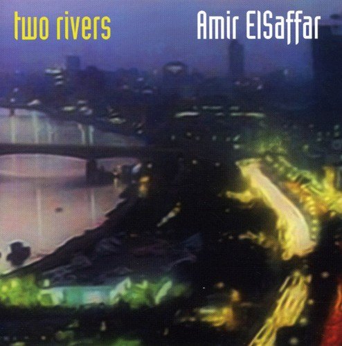 "Album cover with cityscape at night and abstract, glowing figures in the foreground."