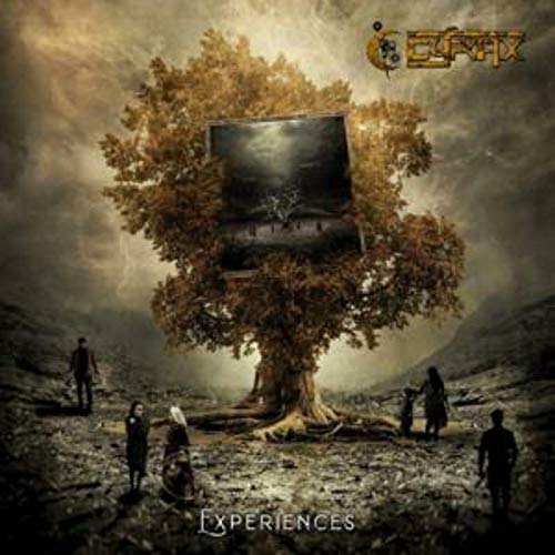 A CD case emerges from a tree in a desolate landscape with people around.