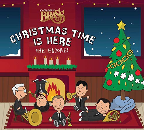 "Canadian Brass cartoon characters playing brass instruments by a Christmas tree and fireplace."