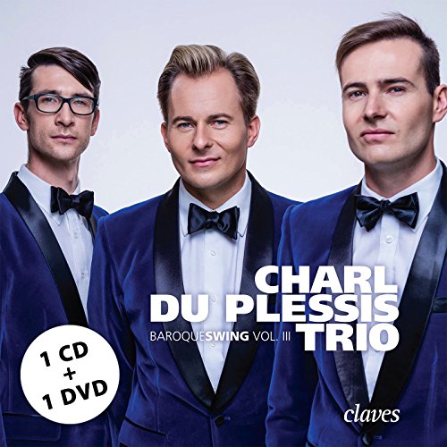 "Three men in blue tuxedos with text 'Charl Du Plessis Trio' on the cover."