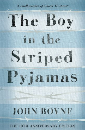 "The Boy in the Striped Pyjamas" book cover with blue background and barbed wire.