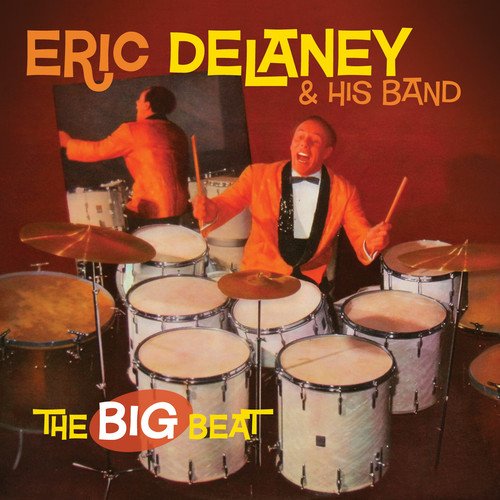 Album cover featuring a man in an orange jacket playing drums enthusiastically.