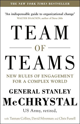 "Book cover with 'Team of Teams' title, white background, and gold and black text."