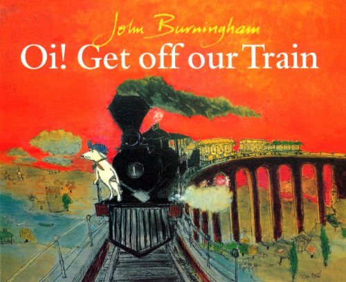 "Book cover featuring a black steam train with a white dog on the front."