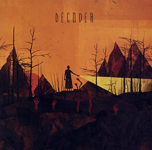The image depicts a CD cover with a dark, abstract landscape and a figure. Here is a concise alt text: "CD cover with dark landscape, figure, and 'Decoder' text."