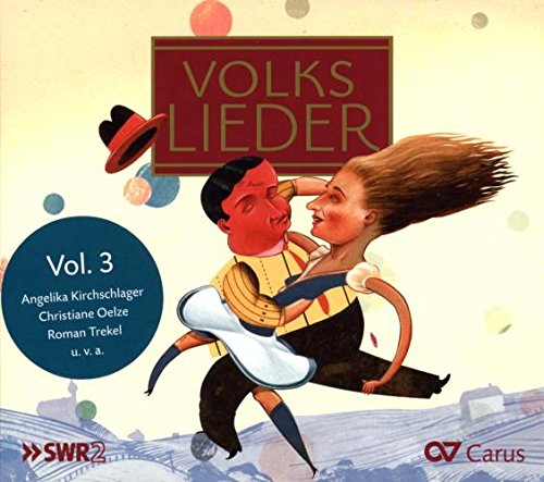 "CD cover with dancing couple, 'Volkslieder Vol. 3' title, and colorful background illustration."