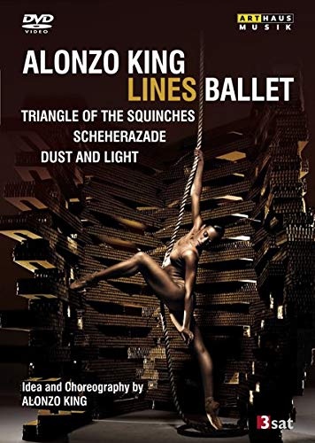 DVD cover featuring a dancer suspended on a rope, with text "Alonzo King Lines Ballet".