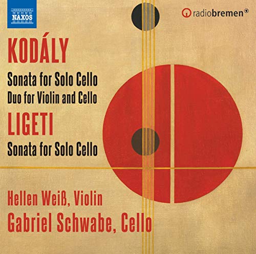 CD cover featuring a man with cello and woman with violin, modernist background.