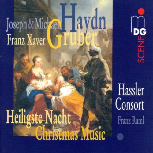 A Christmas CD cover with a nativity scene painting on a blue background.