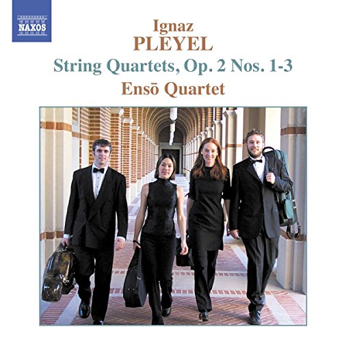 "CD cover featuring a string quartet in formal attire walking through an arched hallway."