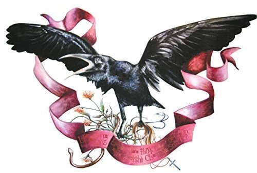 "Black crow with open beak standing on flowers, surrounded by a red ribbon."