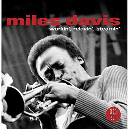 Black-and-white image of Miles Davis playing trumpet, with red text and a red circle.