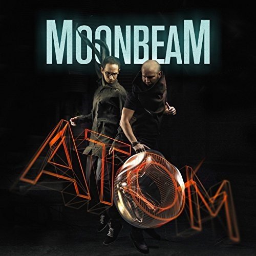 "Album cover with two men and neon 'atom' text on a black background."