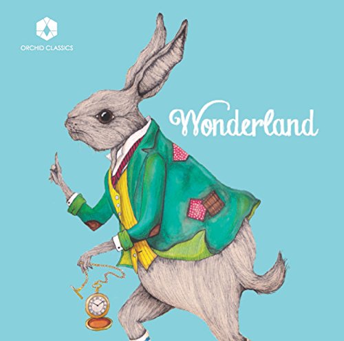 "Album cover featuring a rabbit in a green jacket holding a pocket watch, on turquoise background."